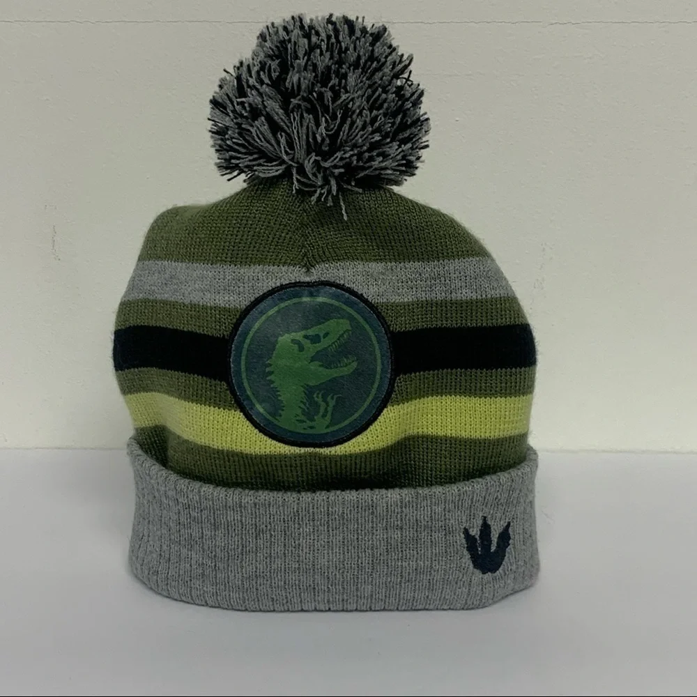 Jurassic World Kids Gray/Green Striped Hat with Pom Pom | One Size Fits Most
